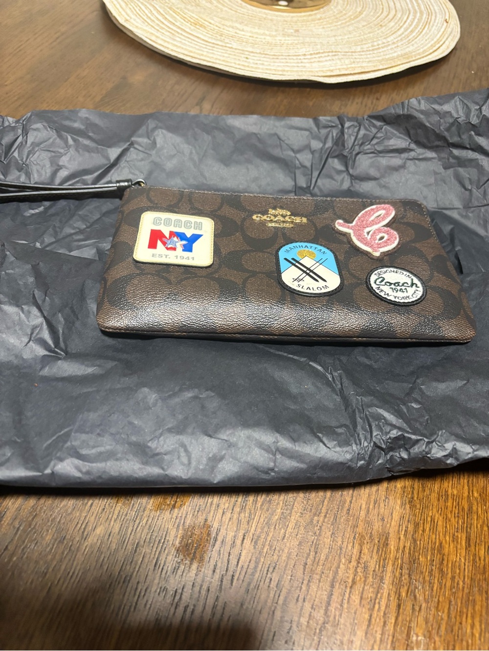 Coach Brown Signature Patch Wristlet Wallet with Multicolor Accents
